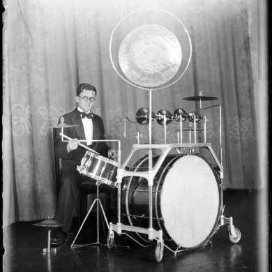 94/63/1-29/1 Glass negative, quarter plate, dance band drummer at Mark Foy's Empress Ballroom, Tom Lennon, Sydney, Australia, 23 October 1935